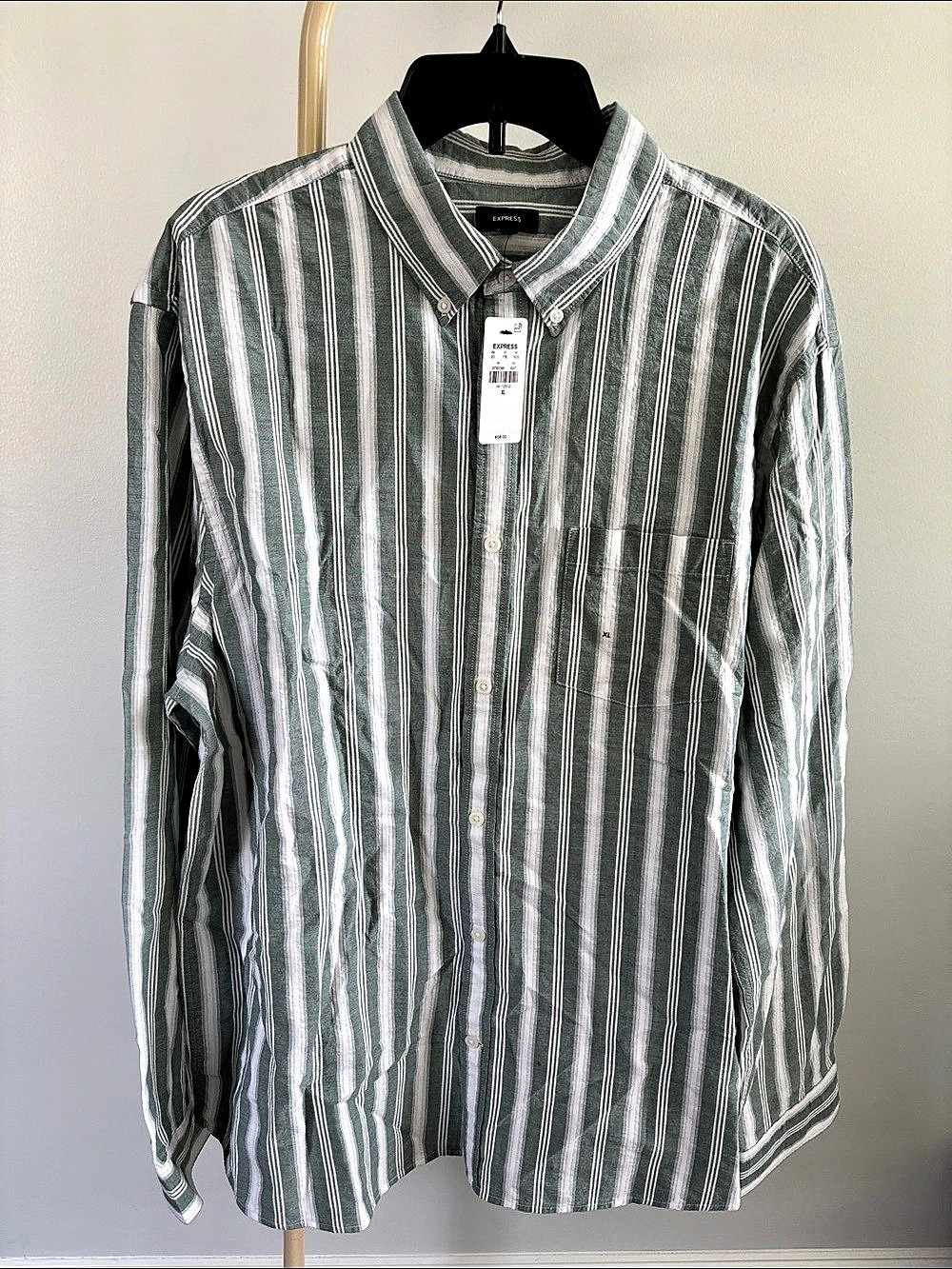 NWT Express Men's Green White Striped Button Up Shirt XL